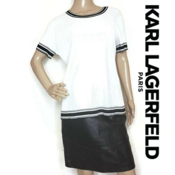 Karl Lagerfeld Paris NWT White & Black Knit Short-Sleeve Top Ribbed Trim Detail - Picture 1 of 12